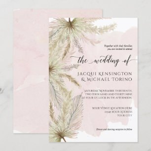 Watercolor Pampas Grass Palm Greenery w Dusty Pink Invitation