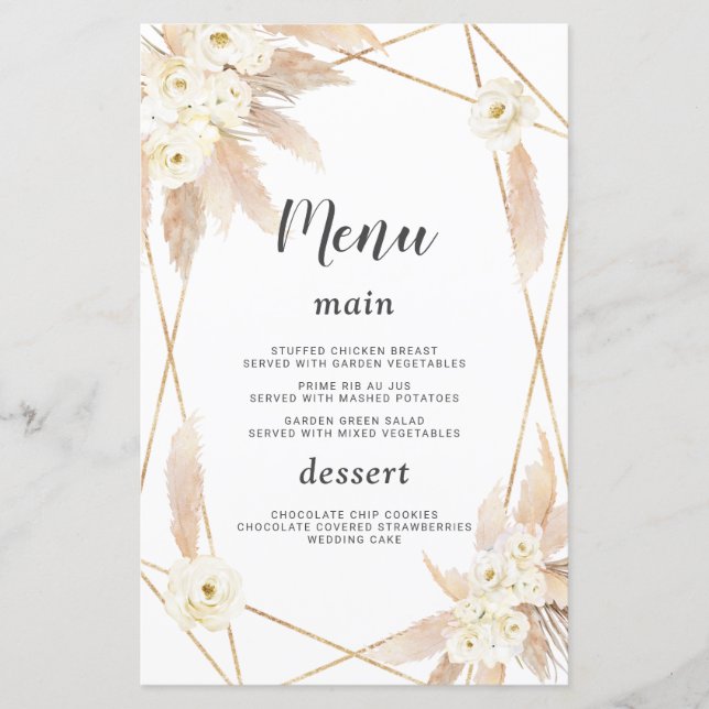 Watercolor Pampas Grass White Flowers Wedding Menu (Front)