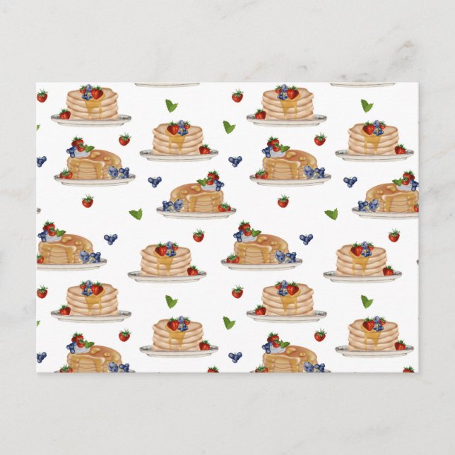 Watercolor Pancakes Berries Breakfast Food Pattern Holiday Postcard (Front)