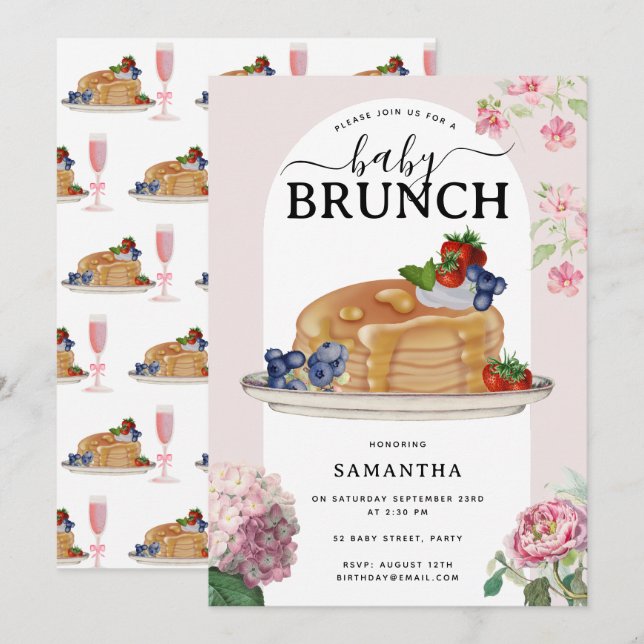 Watercolor Pancakes Berries Brunch Baby Shower Invitation (Front/Back)