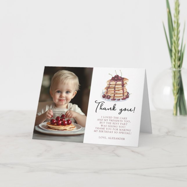 Watercolor Pancakes First Birthday Party Thank You Card (Front)