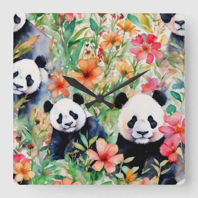 Watercolor Panda Bear Square Wall Clock (Front)