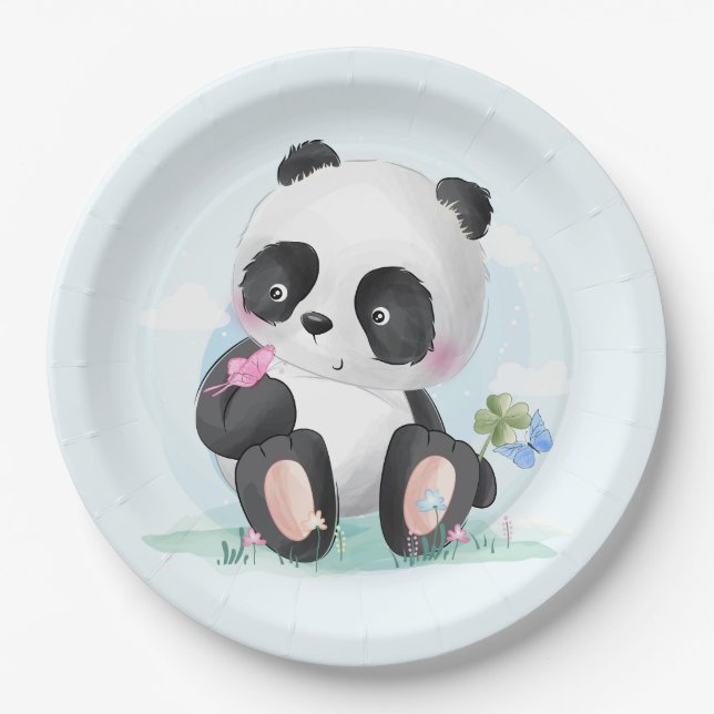 Watercolor Panda Bear with Butterflies Paper Plate (Front)