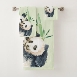 Watercolor Panda Bears Mom & Baby in Bamboo Bath Towel Set