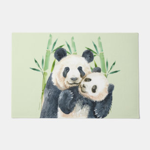 Watercolor Panda Bears Mom & Baby in Bamboo Doormat
