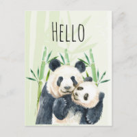 Watercolor Panda Bears Mom & Baby in Bamboo Hello