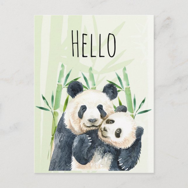 Watercolor Panda Bears Mom & Baby in Bamboo Hello Postcard (Front)