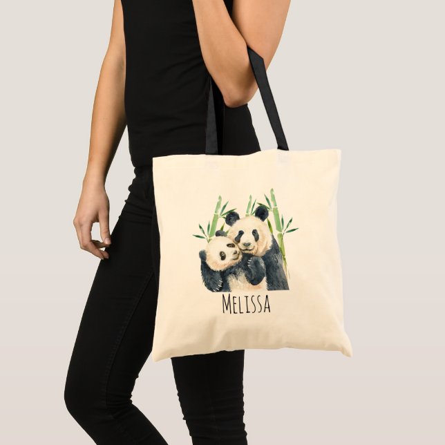 Watercolor Panda Bears Mom & Baby in Bamboo Tote Bag (Front (Product))