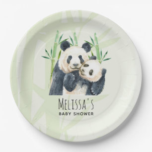 Watercolor Panda Bears Mum & Baby Baby Shower Paper Plate