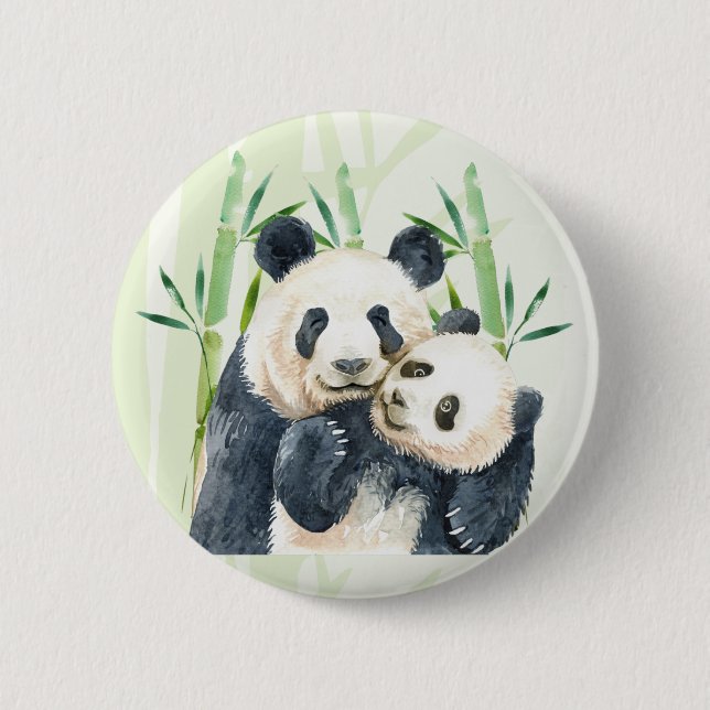 Watercolor Panda Bears Mum & Baby in Bamboo 6 Cm Round Badge (Front)