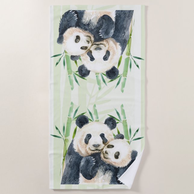Watercolor Panda Bears Mum & Baby in Bamboo Beach Towel (Front)