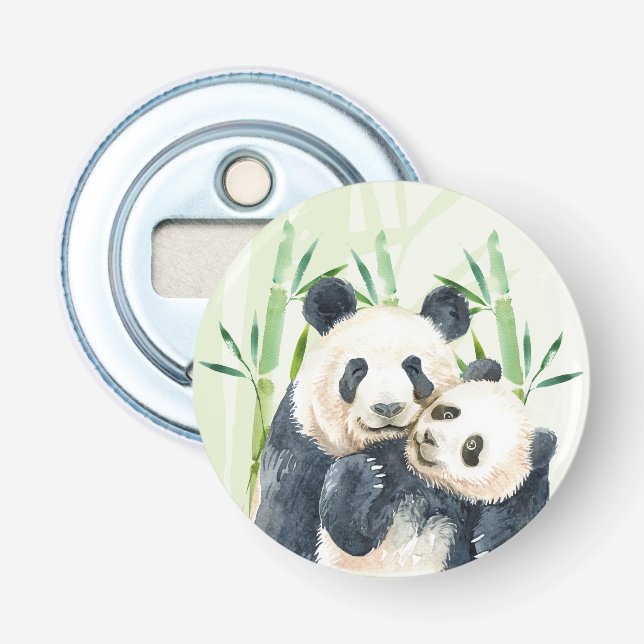 Watercolor Panda Bears Mum & Baby in Bamboo Bottle Opener (Front)
