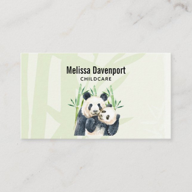 Watercolor Panda Bears Mum & Baby in Bamboo Business Card (Front)