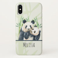 Watercolor Panda Bears Mum & Baby in Bamboo
