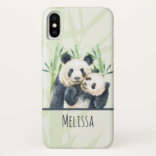 Watercolor Panda Bears Mum & Baby in Bamboo iPhone X Case