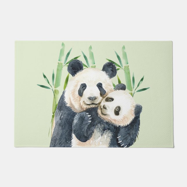 Watercolor Panda Bears Mum & Baby in Bamboo Doormat (Front)