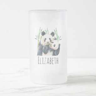 Watercolor Panda Bears Mum & Baby in Bamboo Frosted Glass Beer Mug