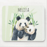 Watercolor Panda Bears Mum & Baby in Bamboo