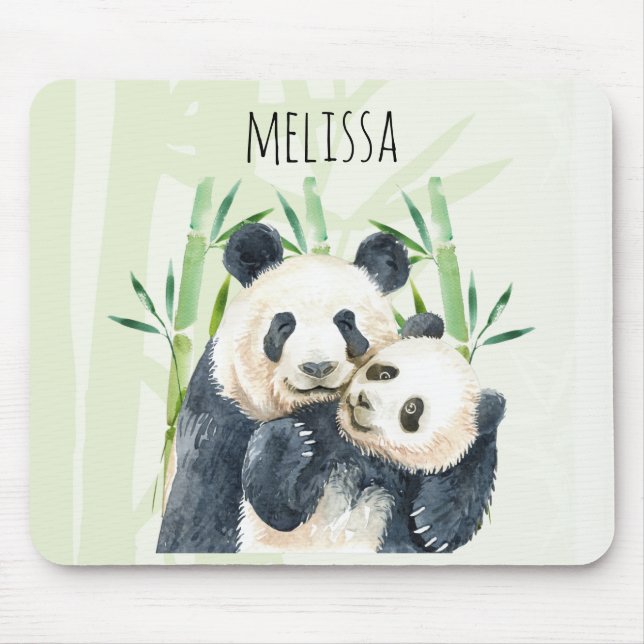 Watercolor Panda Bears Mum & Baby in Bamboo Mouse Mat (Front)