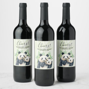 Watercolor Panda Bears Mum & Baby in Bamboo Shower Wine Label
