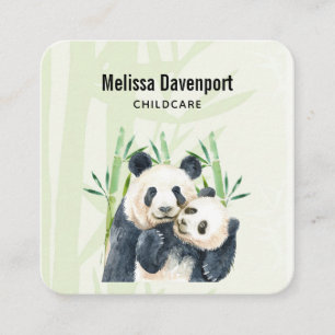 Watercolor Panda Bears Mum & Baby in Bamboo Square Business Card