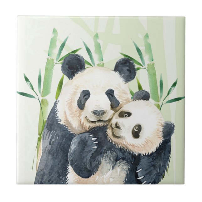 Watercolor Panda Bears Mum & Baby in Bamboo Tile (Front)