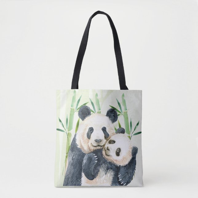 Watercolor Panda Bears Mum & Baby in Bamboo Tote Bag (Front)