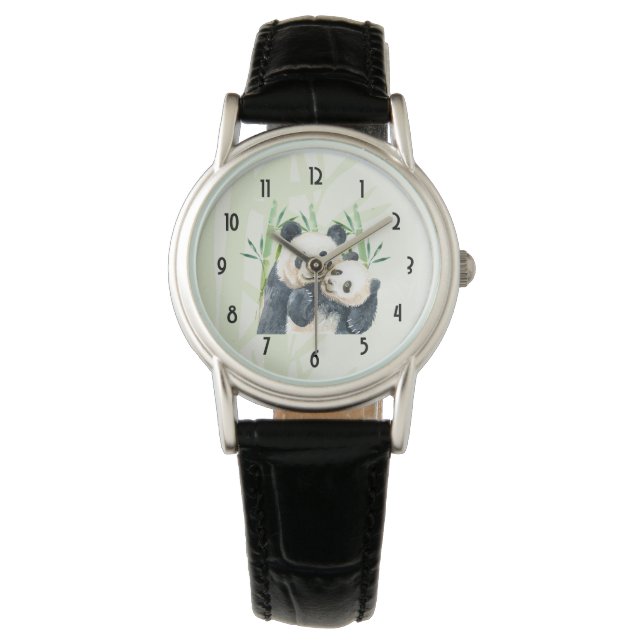Watercolor Panda Bears Mum & Baby in Bamboo Watch (Front)