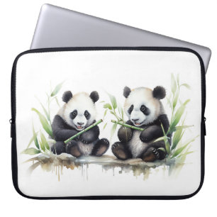 Watercolor Panda Bears With Bamboo Laptop Sleeve