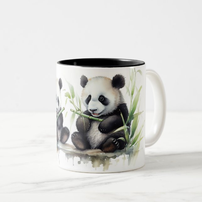 Watercolor Panda Bears With Bamboo Two-Tone Coffee Mug (Front Right)