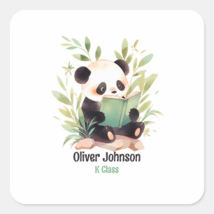 Watercolor Panda Reading A Book Name Square Sticker