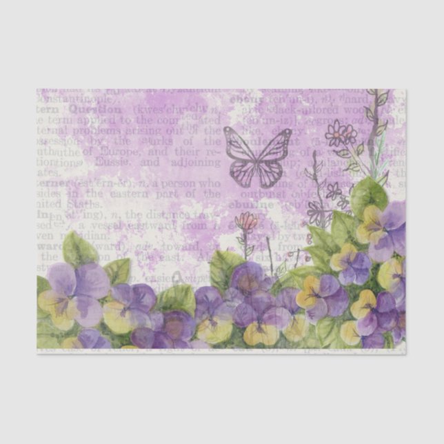 Watercolor pansies on printed book page tissue paper (Front)