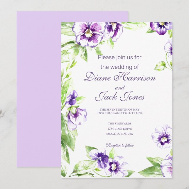 Watercolor Pansies Wedding Invitation (Front/Back)