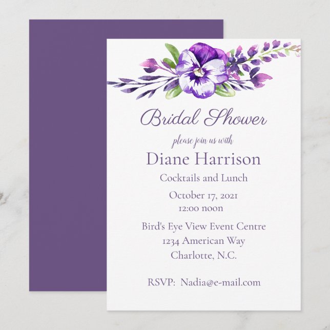 Watercolor Pansy Bridal Shower Invitation (Front/Back)