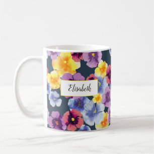 Watercolor Pansy Floral Personalised Navy Blue Coffee Mug