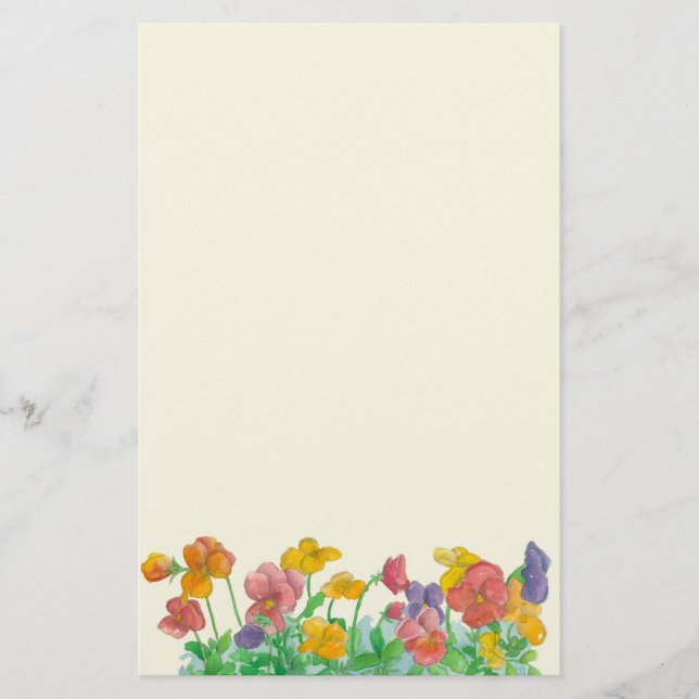 Watercolor Pansy Flowers Rainbow Colours Stationery (Front)