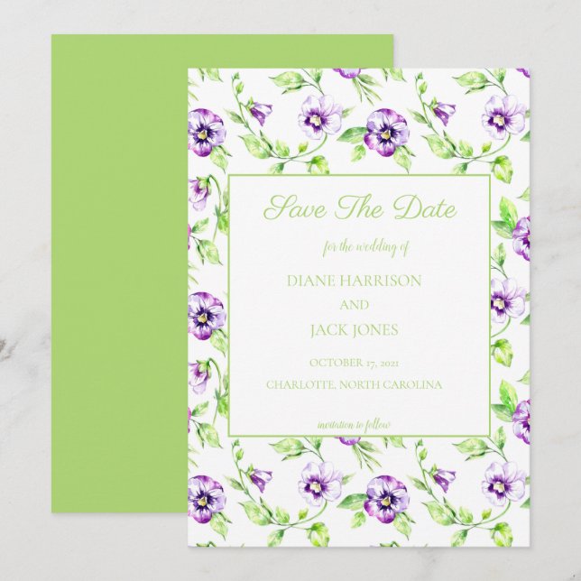 Watercolor Pansy Save the Date Wedding Invitation (Front/Back)