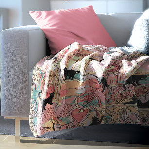 Watercolor Paris Café Black Cat Pattern Sherpa Blanket
