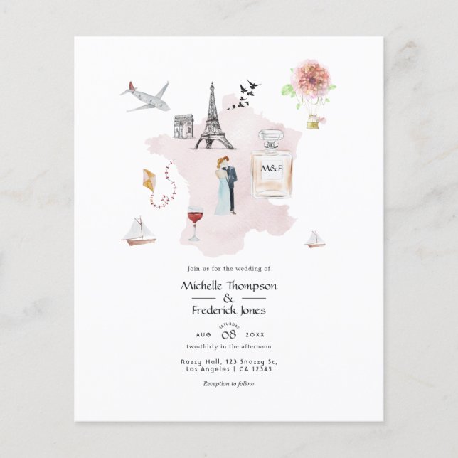 Watercolor Paris Destination Wedding Monogram Flyer (Front)