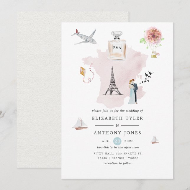 Watercolor Paris Destination Wedding Monogram Invitation (Front/Back)