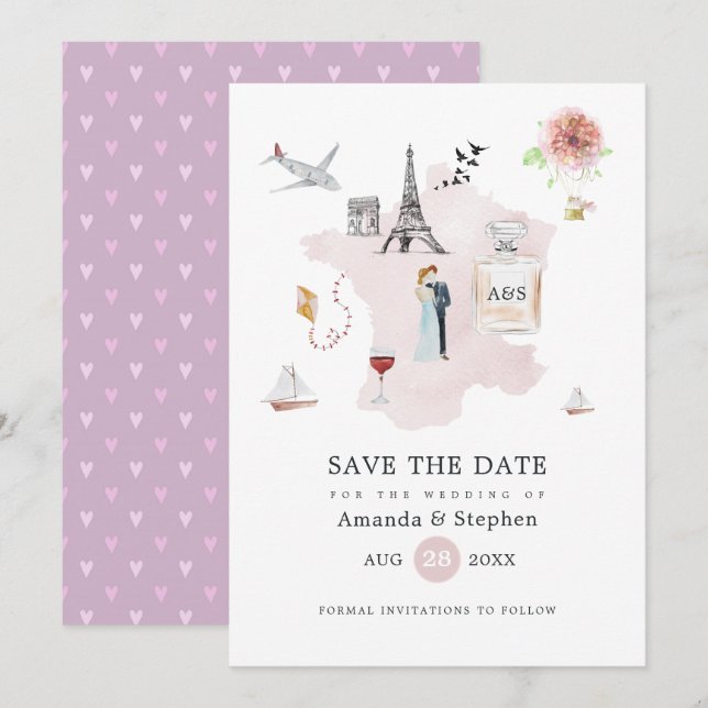Watercolor Paris Destination Wedding Monogram Save The Date (Front/Back)