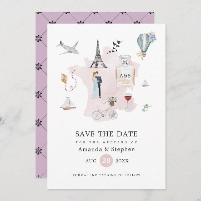 Watercolor Paris Destination Wedding Monogram Save The Date (Front/Back)