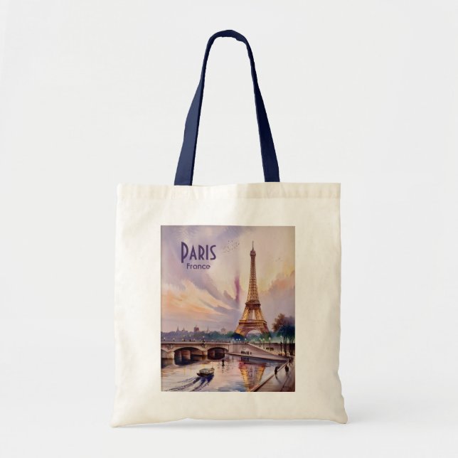 Watercolor Paris Eiffel Tower Skyline Retro Sunset Tote Bag (Front)