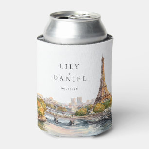 Watercolor Paris France Destination Wedding Can Cooler