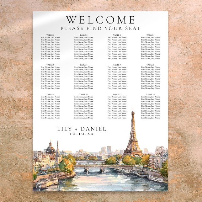 Watercolor Paris France Wedding Seating Chart (Watercolor Paris France Wedding Seating Chart)