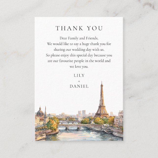 Watercolor Paris France Wedding Thank You Place Card (Front)