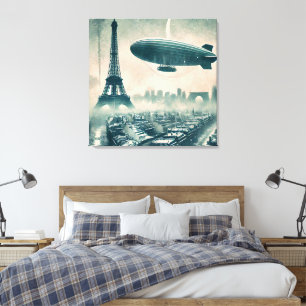 Watercolor Paris Skyline with Dirigible and Eiffel Canvas Print