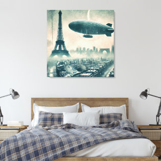 Watercolor Paris Skyline with Dirigible and Eiffel Canvas Print