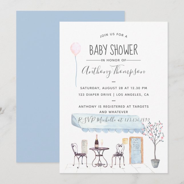 Watercolor Paris themed Baby Shower invitation (Front/Back)