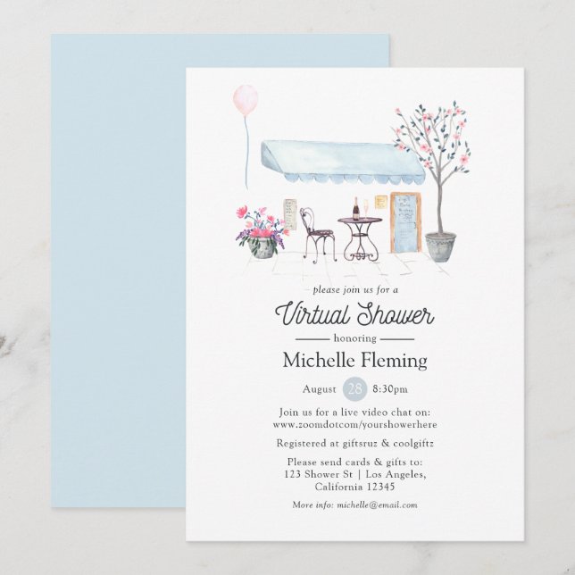Watercolor Paris Virtual Baby or Bridal Shower Invitation (Front/Back)